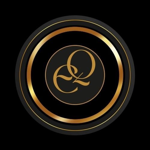 El Queens Corner monogram, a gold EQ inside a gold ring on black